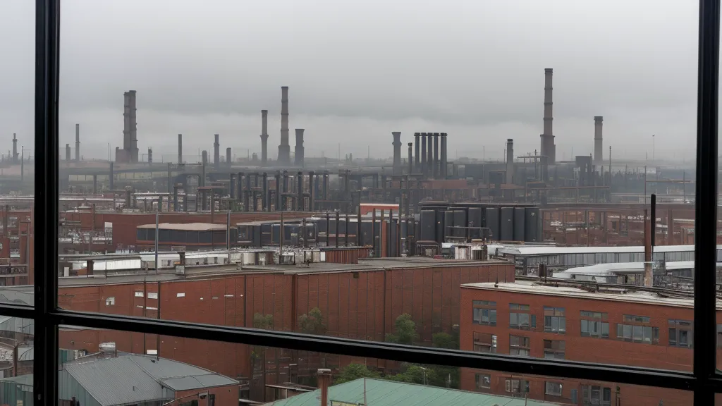 View of a Düsseldorf industrial skyline from an office window with a tablet showing AI regulations.